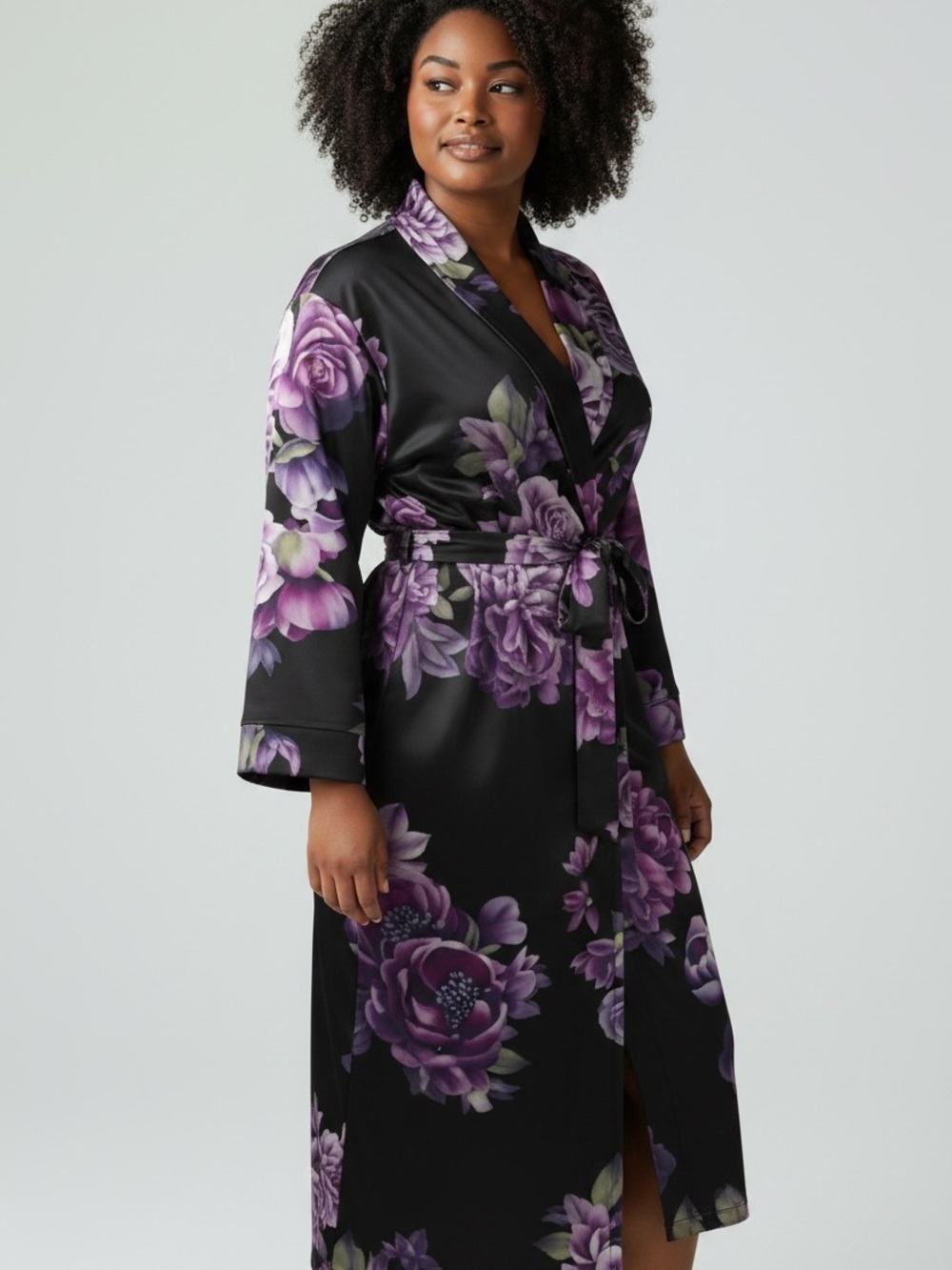 La Vie En Rose Black velour Robe with Purple Floral Print
